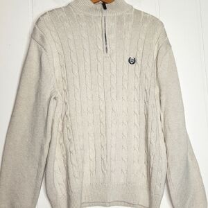 Men's white chunky cableknit Polo Collar sweater Preppy Academia